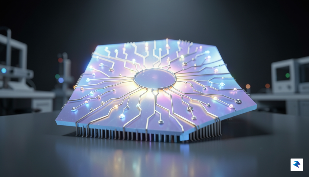 A conceptual 3D render of a futuristic, glowing silicon wafer…