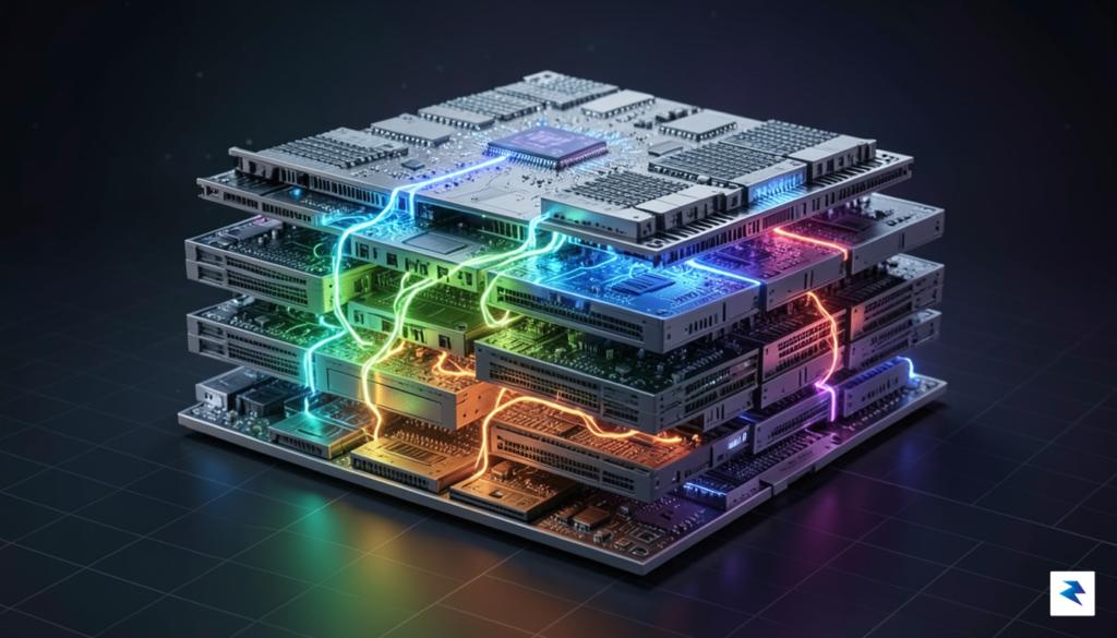 A detailed technical visualization showing a cross-section of a 3D-stacked…