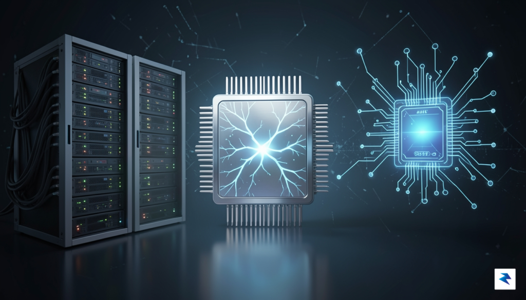 A conceptual illustration showing a stylized, futuristic microchip glowing with…