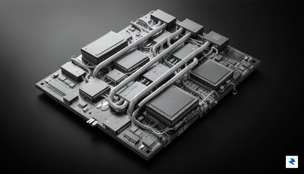 A detailed 3D technical illustration showing a multi-die processor architecture…