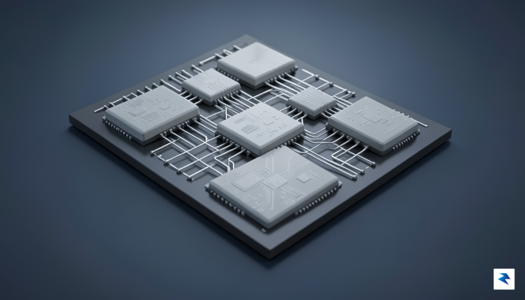 A detailed 3D render of a modular processor design showing…