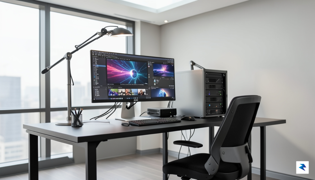 A sleek, high-end professional studio workspace featuring a Mac Studio…