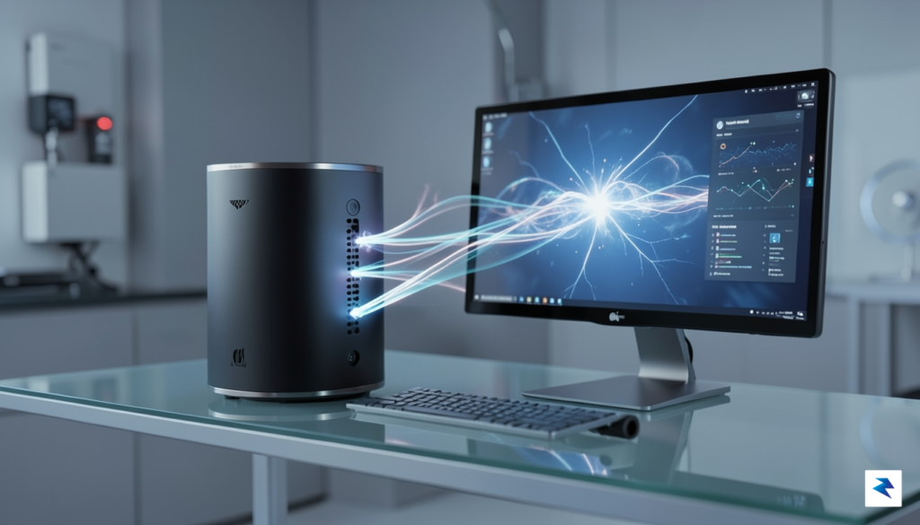 A conceptual, futuristic render of a sleek, minimalist desk setup…