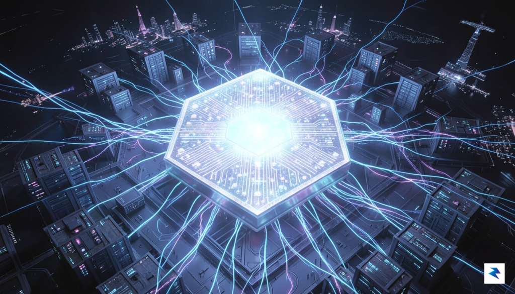A conceptual digital art piece showing a massive, glowing silicon&hellip;