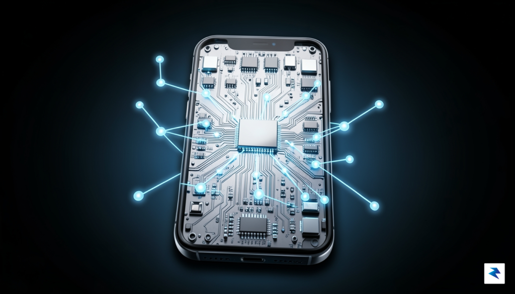 A sleek, high-tech conceptual illustration of a smartphone internal circuit&hellip;