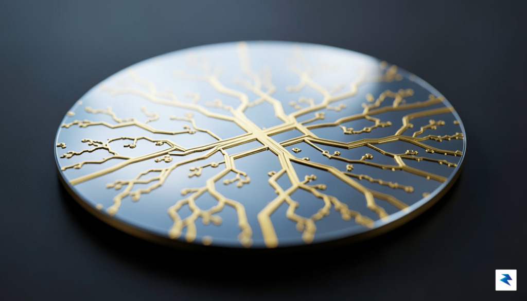 A close-up, high-tech macro photograph of a silicon chip wafer&hellip;