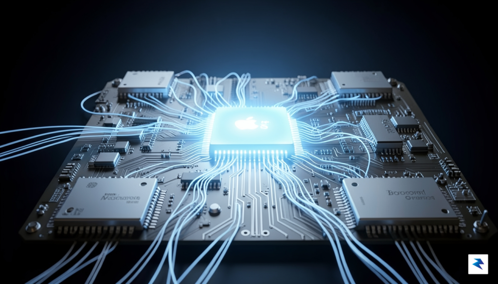 A conceptual 3D render showing a glowing Apple M-series chip&hellip;
