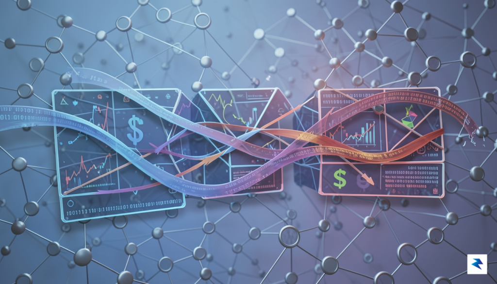 An abstract illustration depicting intertwined digital data streams, some flowing…