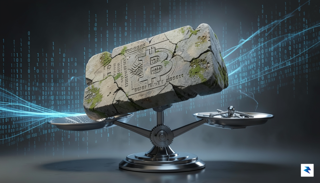 A conceptual digital illustration showing a weathered stone tablet representing…