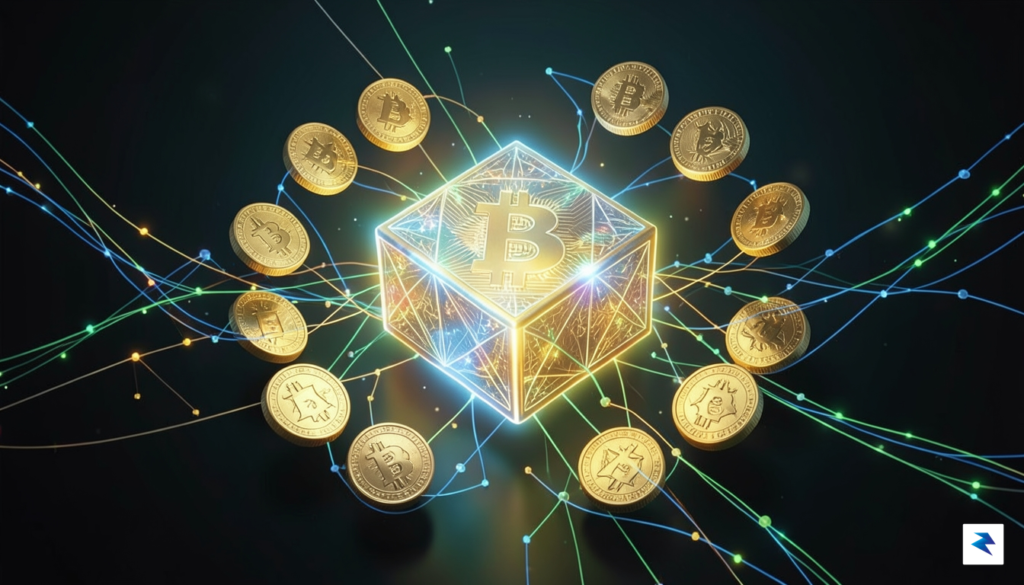 A conceptual digital illustration showing a glowing Bitcoin block surrounded…