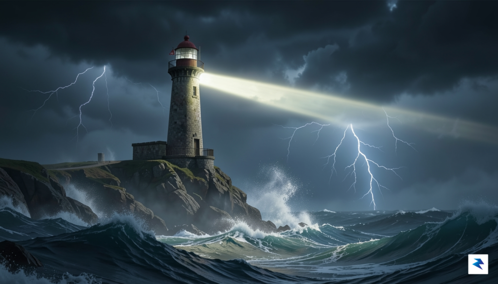 A conceptual digital illustration of a calm, steady lighthouse beam…