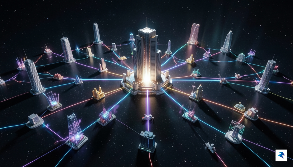 A digital 3D rendering showing a network of financial nodes&hellip;