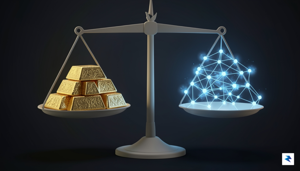 An abstract digital visualization showing a balanced scale with traditional&hellip;