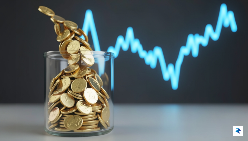 A digital art composition showing a steady stream of gold&hellip;
