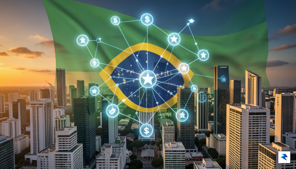 A conceptual digital illustration of Brazil’s flag integrated with glowing,…
