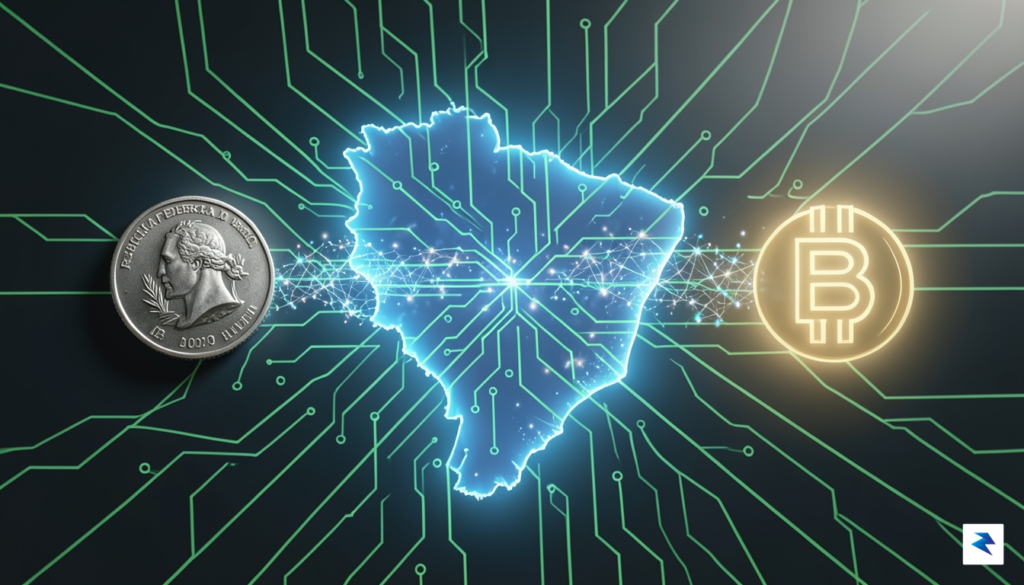 A conceptual digital art piece showing a glowing Brazilian map…