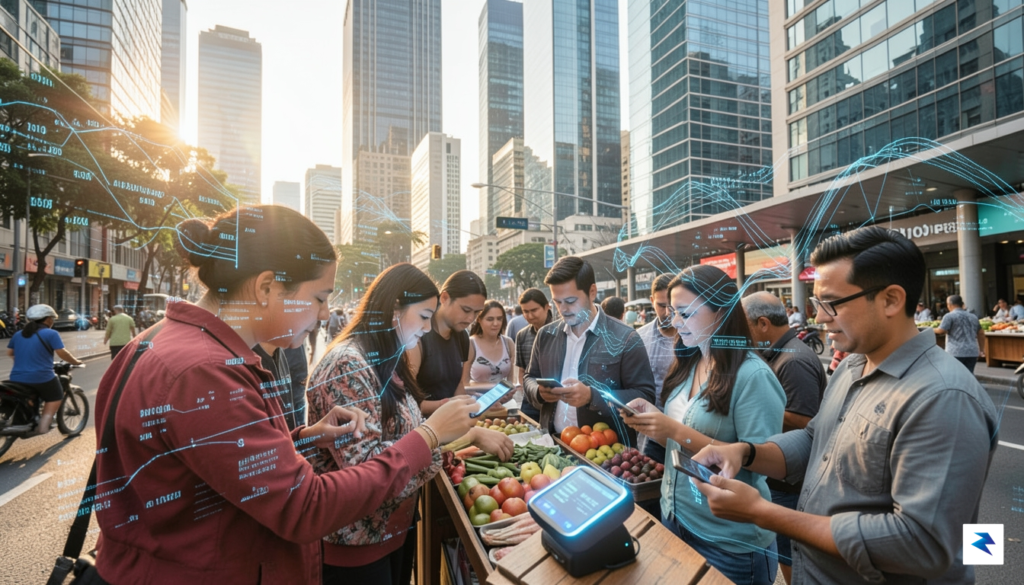 A vibrant, modern street scene in São Paulo showing a…