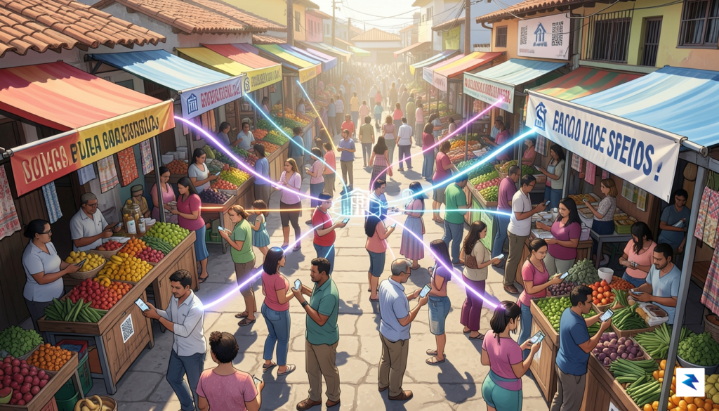 A vibrant, high-angle digital illustration showing a bustling Brazilian marketplace…