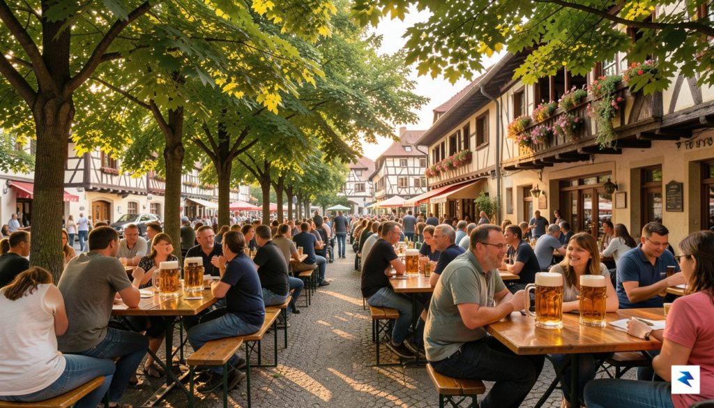 A vibrant, wide-angle shot of a traditional Bavarian beer garden…