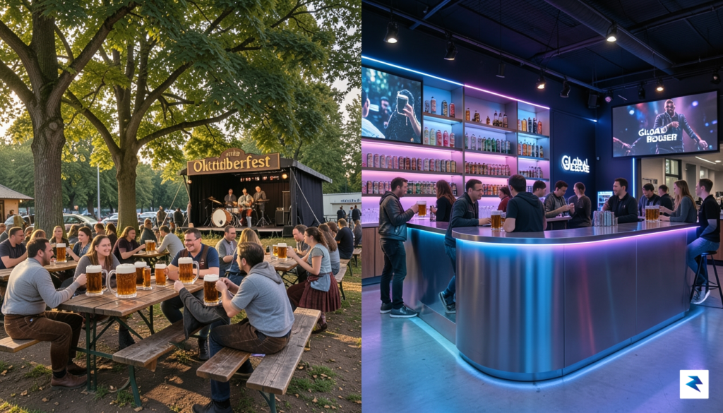 A vibrant, split-screen composition showing a bustling, traditional German beer…