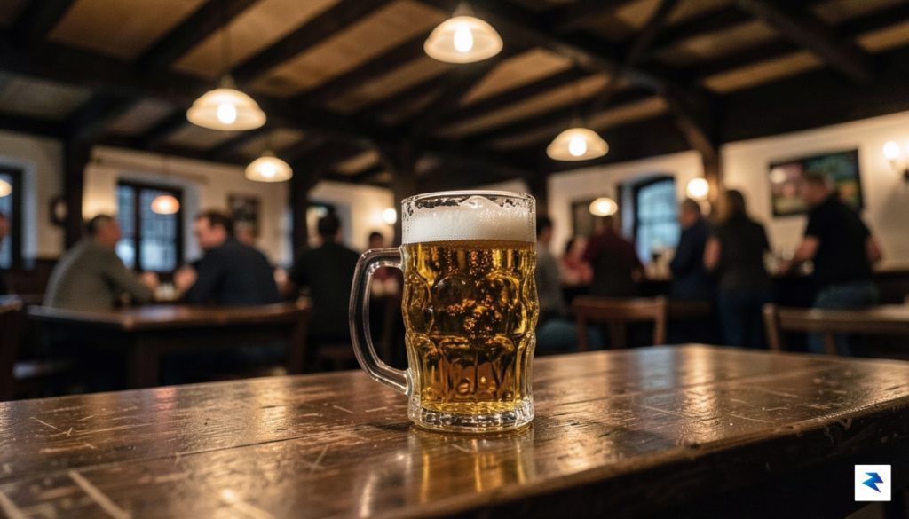 A close-up, high-definition photograph of a traditional German beer hall…
