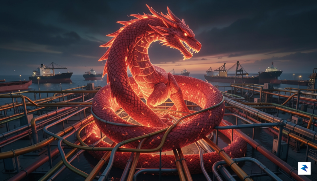 A wide-angle digital illustration showing a massive, glowing red dragon…