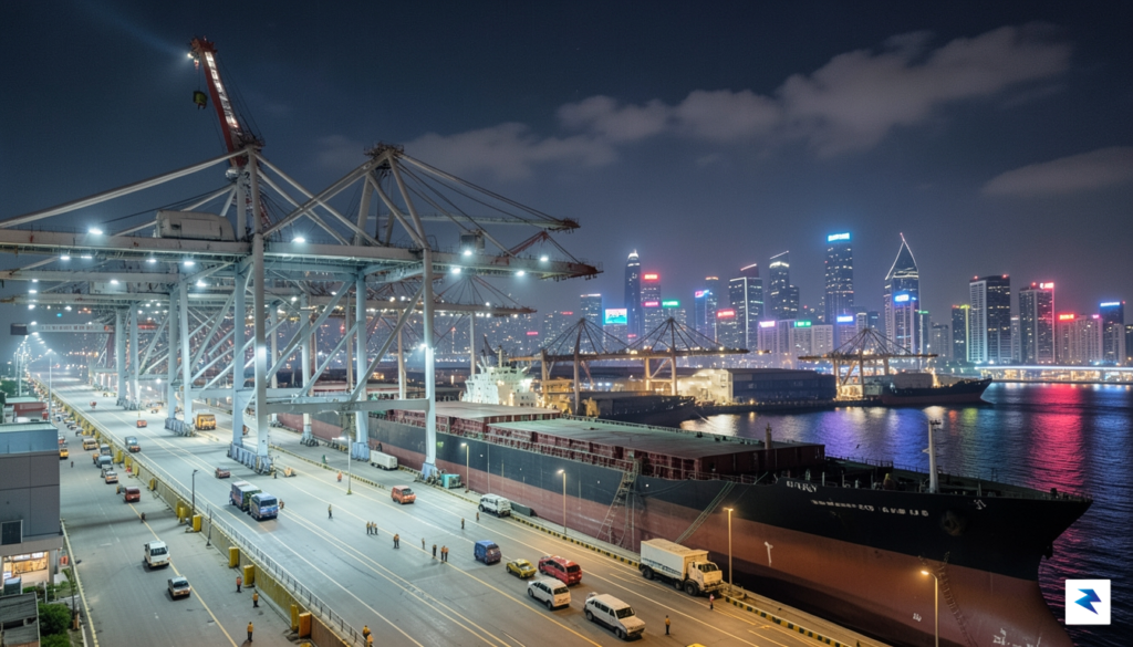 A wide-angle shot of a bustling, high-tech Chinese industrial port…