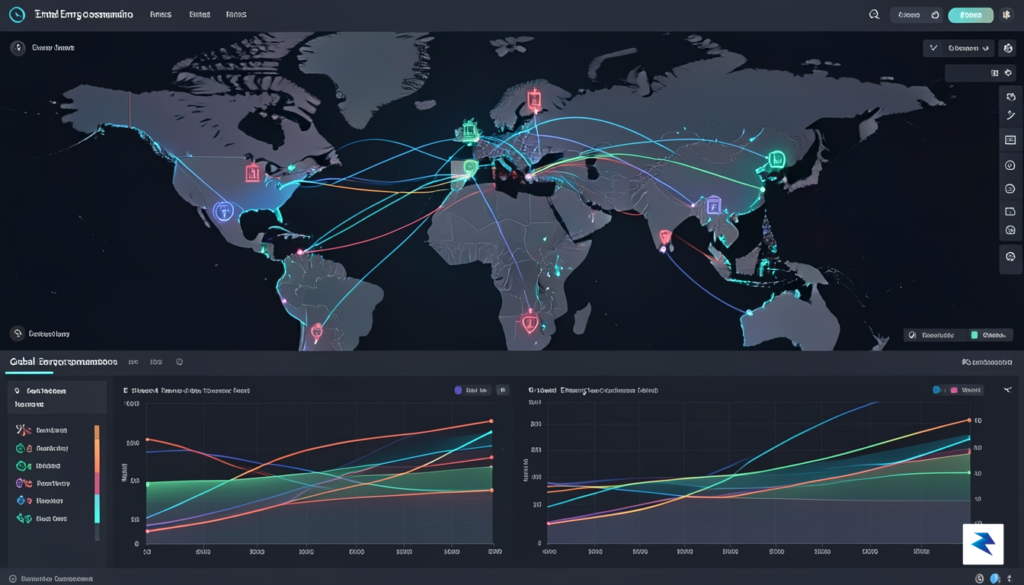 A digital data visualization dashboard showing interconnected oil tanker routes…
