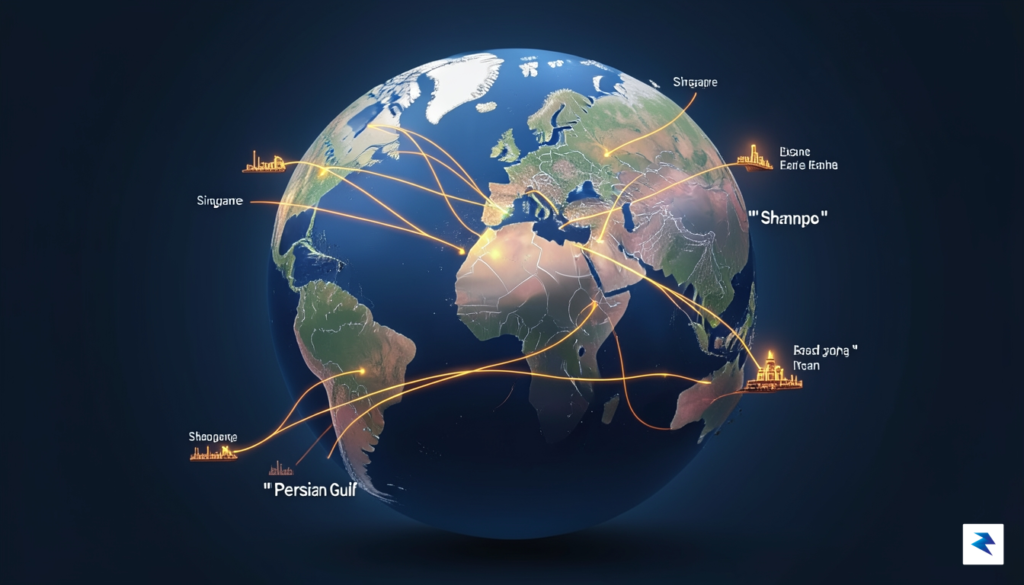 A digital globe showing oil shipping routes in the Persian…