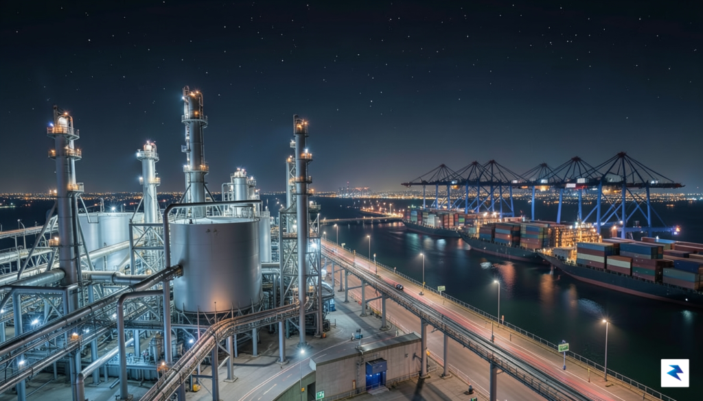 A modern, bustling oil refinery integrated with a massive, futuristic…