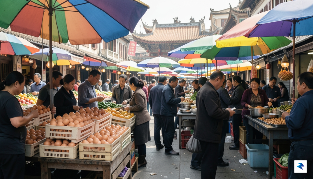 A bustling, vibrant outdoor wet market in a Chinese city,…