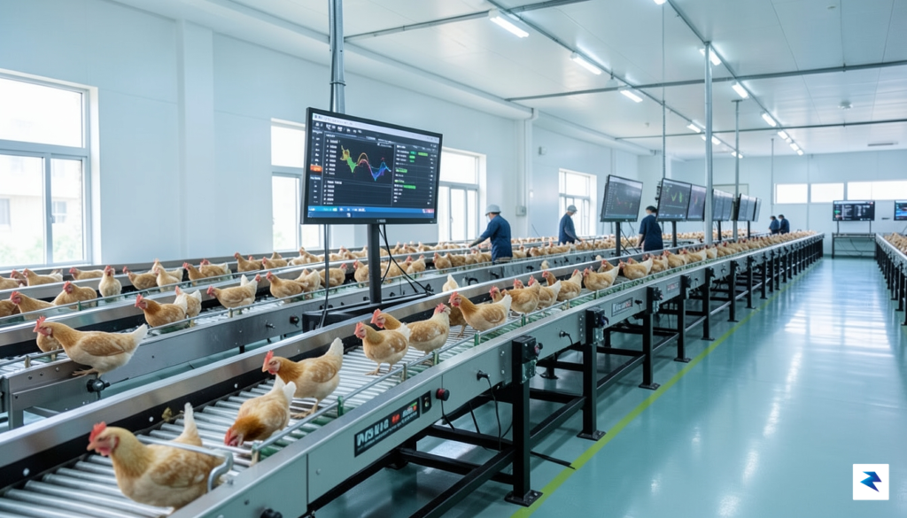 A modern, high-tech indoor poultry farm in China featuring clean,…