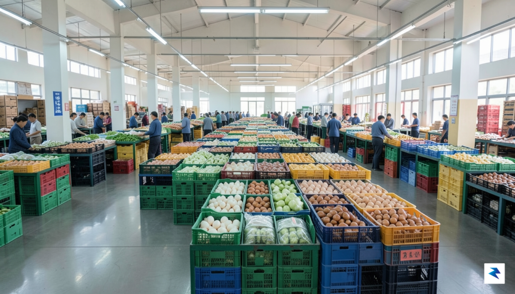 A wide-angle shot of a bustling, modern Chinese wholesale food…