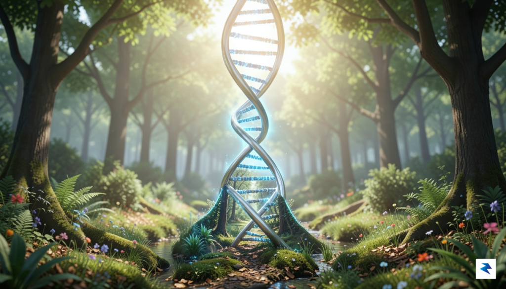 A conceptual digital illustration showing a double-helix DNA strand transforming…