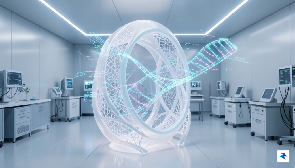 A high-tech laboratory rendering showing a digital DNA sequence visualization…