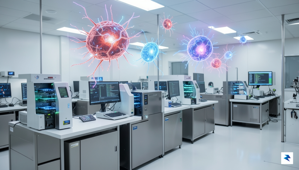 A high-tech laboratory setting featuring glowing DNA sequencing equipment and…