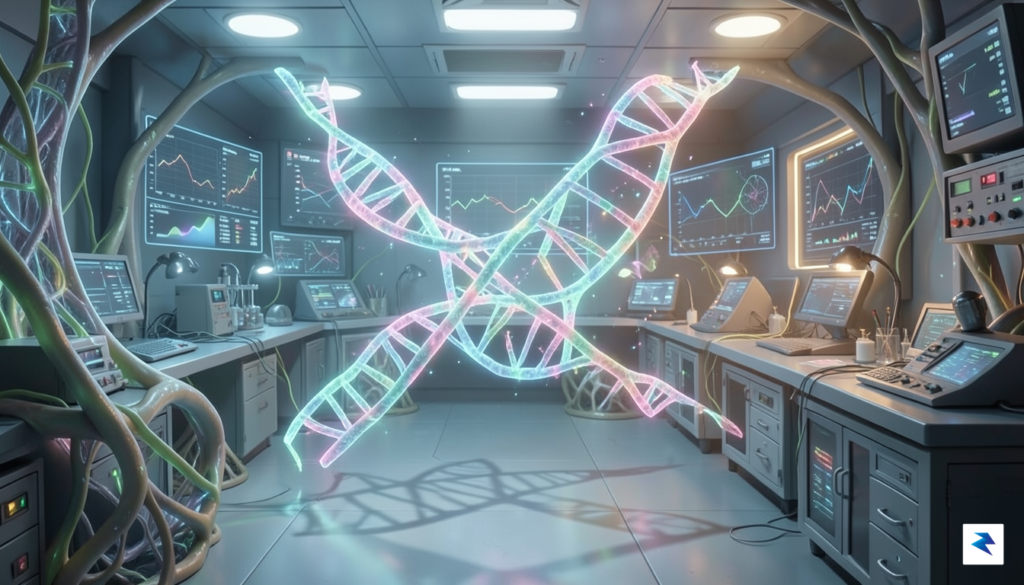 A conceptual digital illustration of a futuristic biolab featuring holographic…
