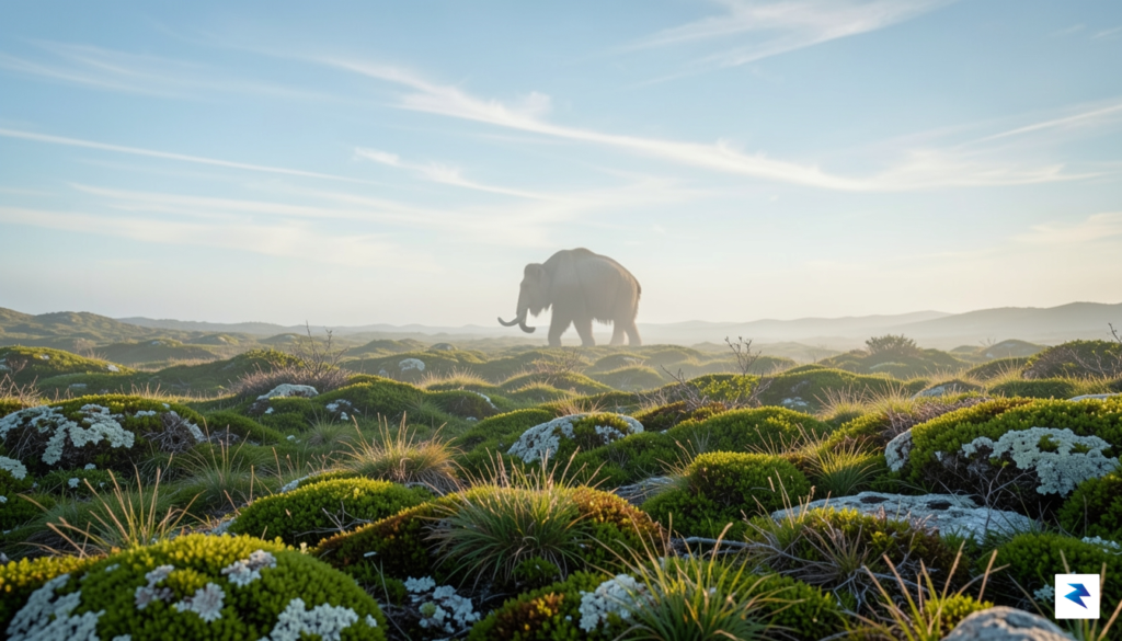 A wide-angle, cinematic shot of a lush, restored arctic tundra…