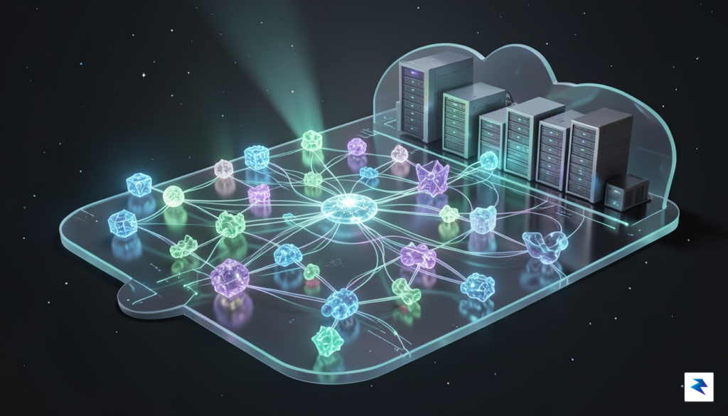 A conceptual 3D visualization showing a modular, interconnected digital ecosystem&hellip;