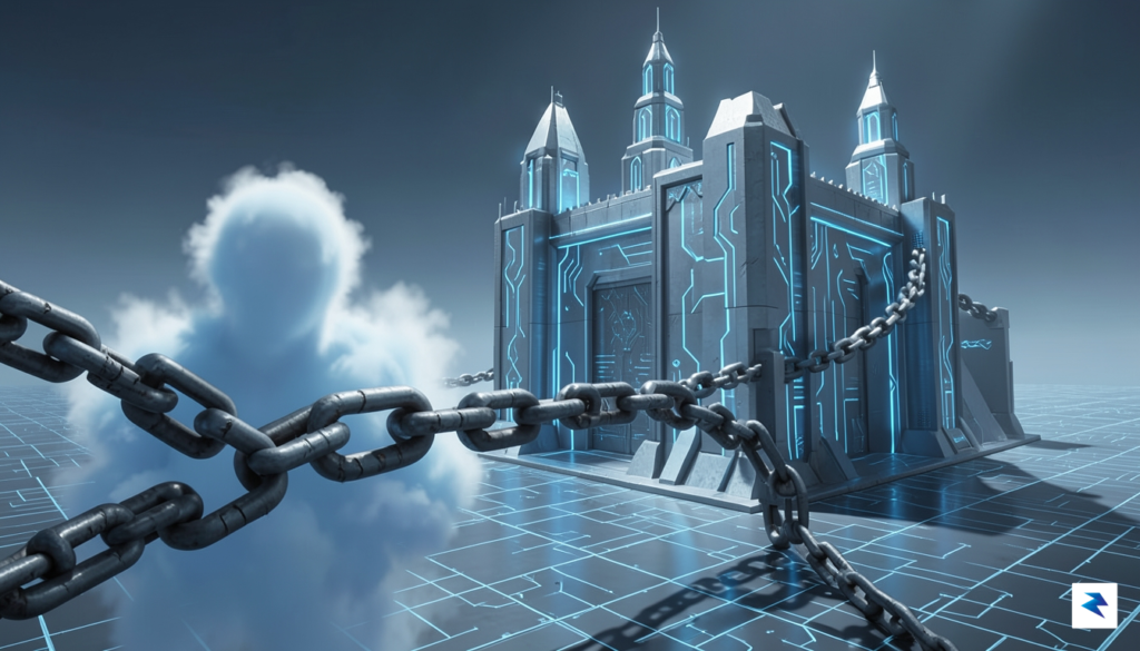 A conceptual illustration showing a digital fortress being locked by&hellip;