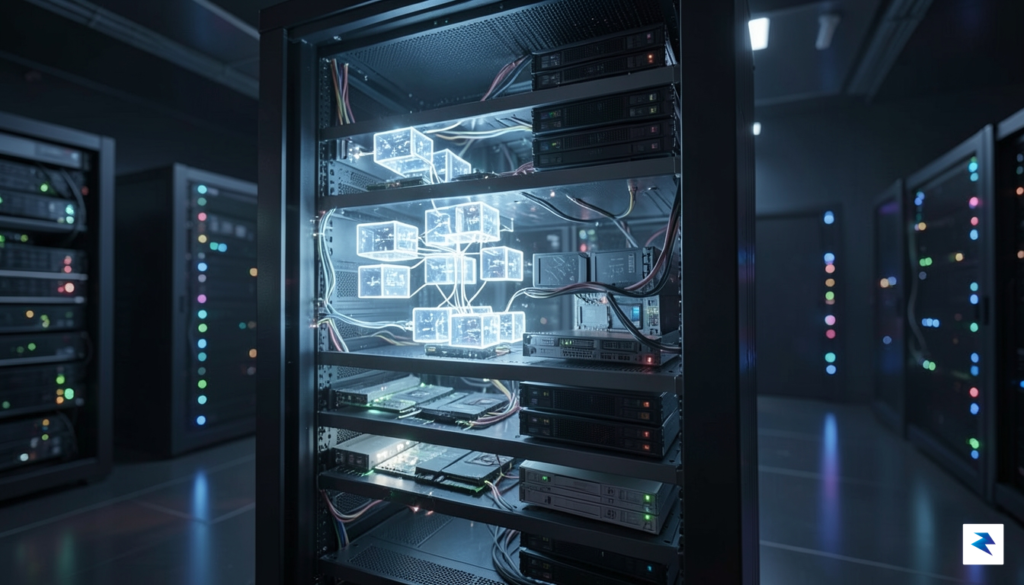 A conceptual digital art piece showing a glowing, modular AI&hellip;
