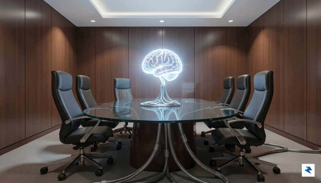 A conceptual digital illustration showing a corporate boardroom where a&hellip;