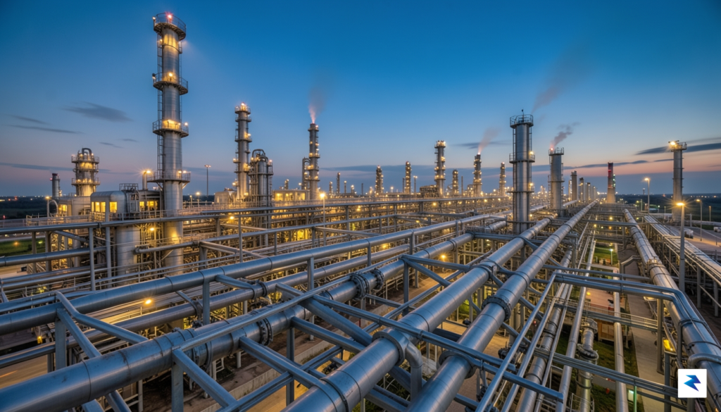 A wide-angle, high-definition photograph of a massive, modern oil refinery&hellip;
