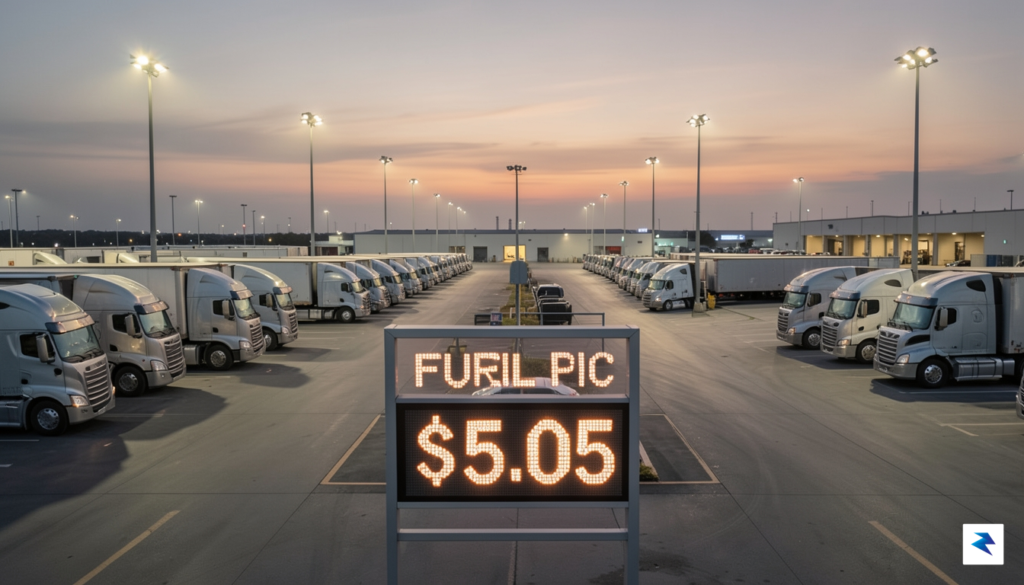 A wide-angle shot of a busy logistics hub at dusk,&hellip;