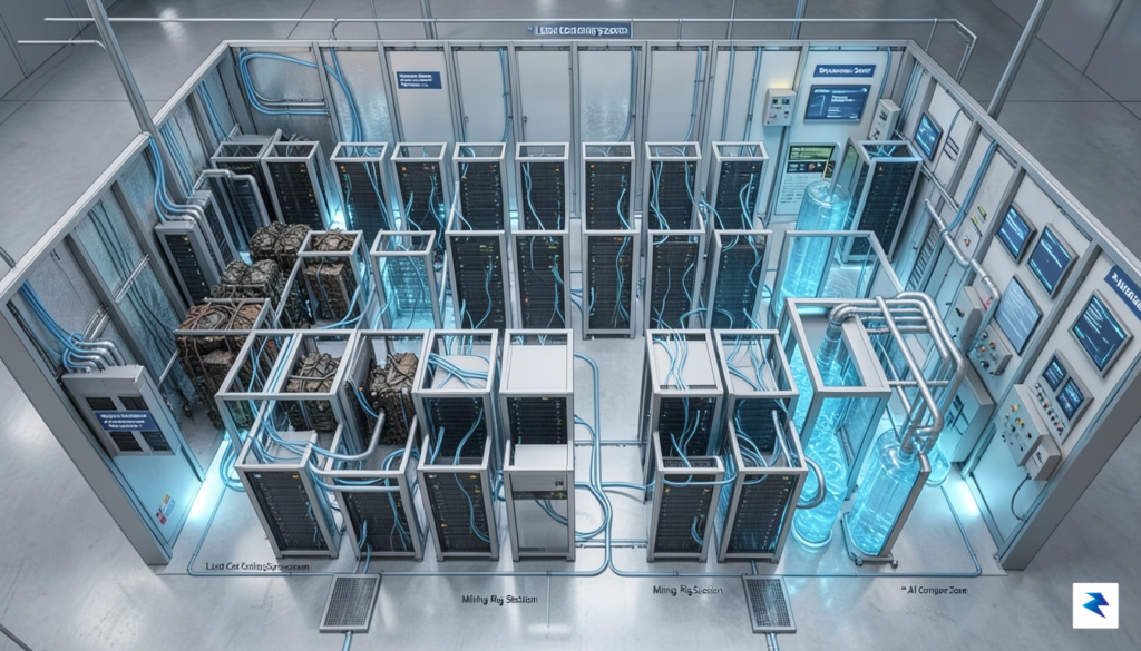 An overhead architectural rendering showing a modular data center floor…