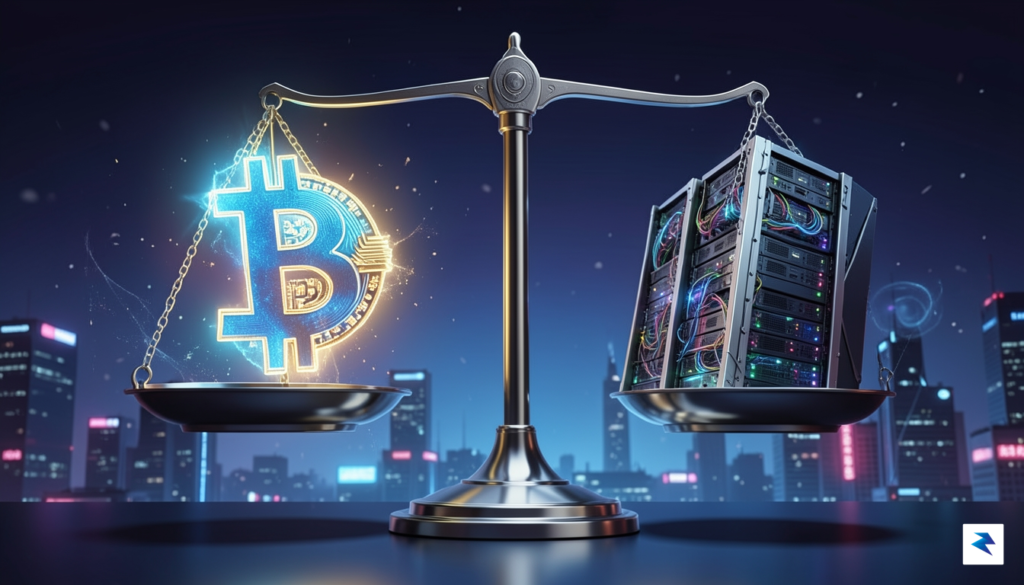 A digital art composition showing a glowing Bitcoin symbol on…