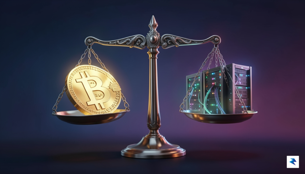 A conceptual digital illustration showing a balance scale tipping from…