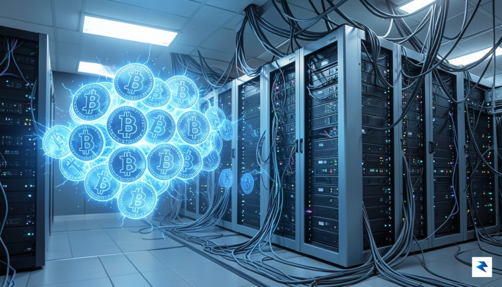 A conceptual digital illustration showing a transition from glowing Bitcoin…
