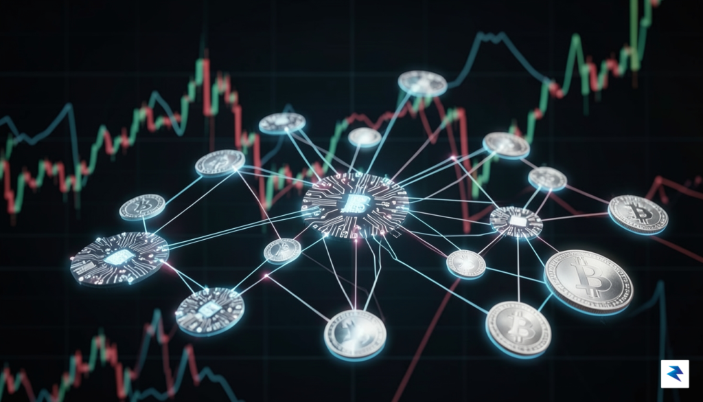 A digital visualization showing interconnected nodes of glowing circuit boards…