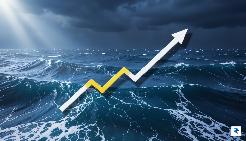 A conceptual digital illustration showing a steady, upward-trending line chart…